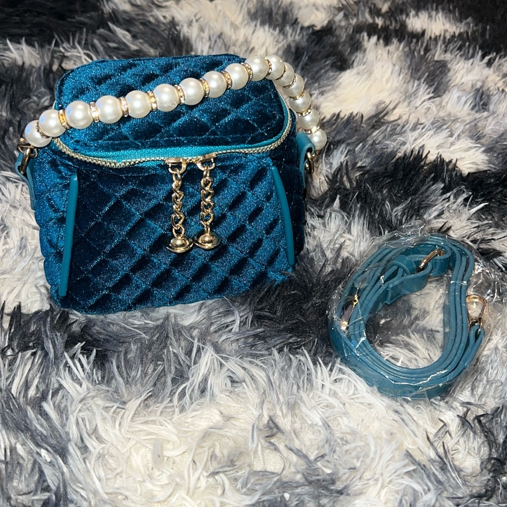 Blue Mini Pearl Beaded Tote Bag